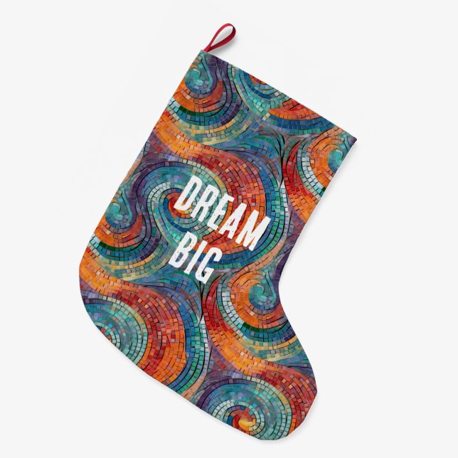 Blauer Orange Swirl Großer Weihnachtsstrumpf (Vorderansicht (hängend))