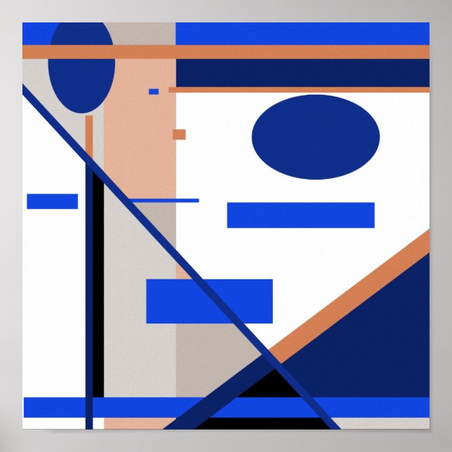 Blauer orangefarbener Schwarz-weißer MCM Abstrakt  Poster (Vorne)