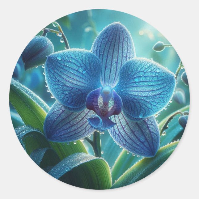 Blauer Orchid Runder Aufkleber (Vorderseite)