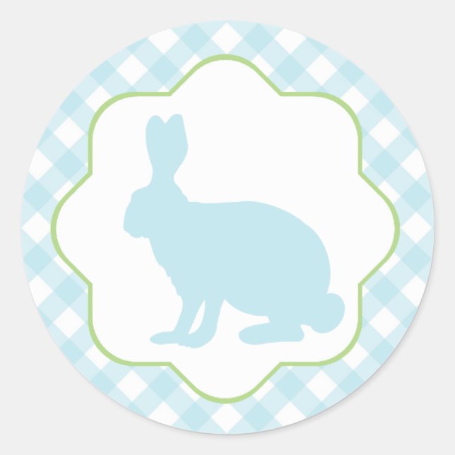 Blauer Osterhasen auf Gingham-Karo-Aufkleber Runder Aufkleber (Vorderseite)