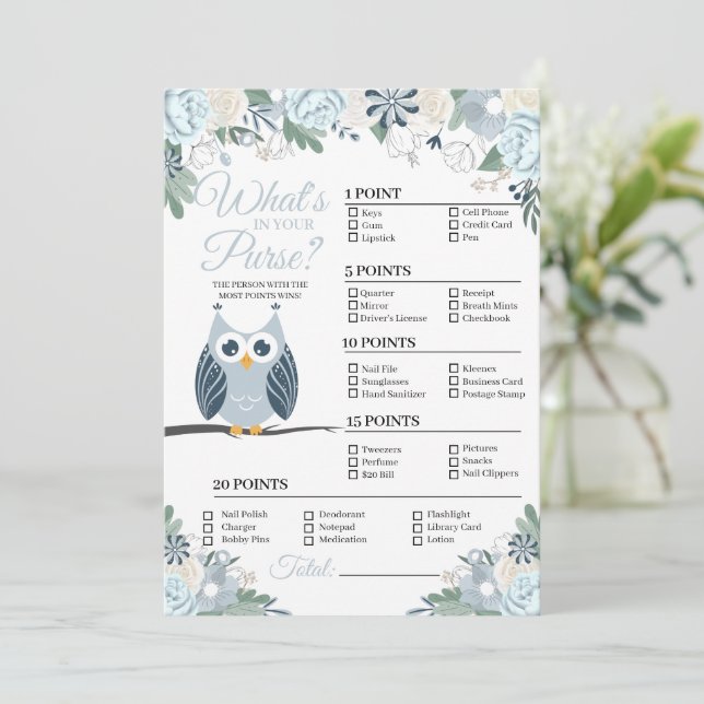 Blauer Owl Blütenblume Was ist in deiner Purse Gam Einladung (Stehend Vorderseite)