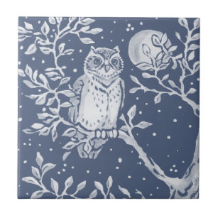 Blauer Owl Moon Night Woodland Foods Tier Verziert Fliese