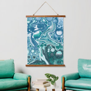Blauer Ozean Bubbles Fluid Art Hangband Wandteppich Mit Holzrahmen