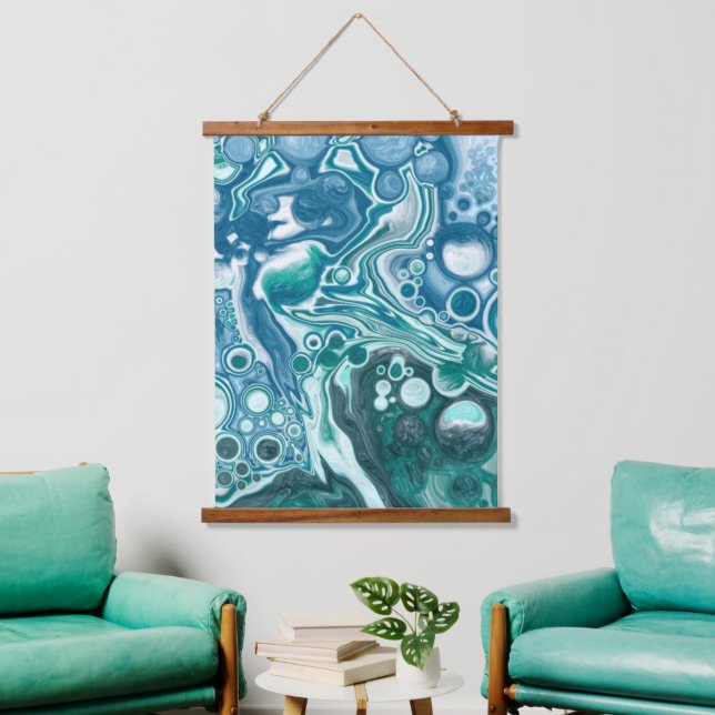 Blauer Ozean Bubbles Fluid Art Hangband Wandteppich Mit Holzrahmen (Wohnzimmer)