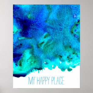 Blauer Ozean glücklicher Ort Zitat Aquarellkunst Poster
