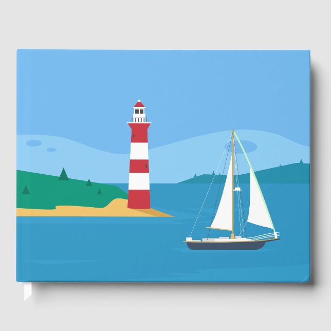 Blauer Ozean, Leuchtturm, Hochzeit mit Segelbooten Gästebuch (Vorderseite)