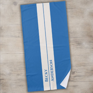 Blauer Ozean, weißer Sand, blauer Text, Retro Strandtuch