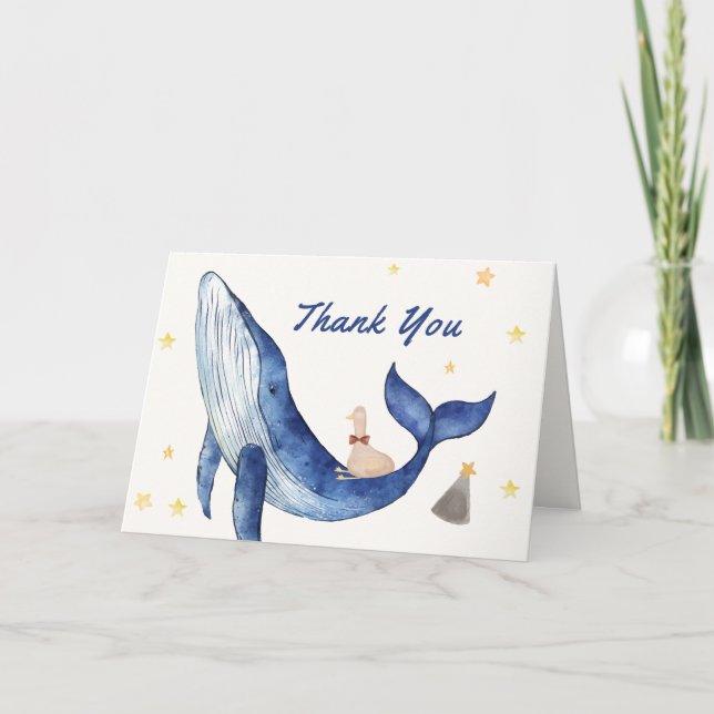 Blauer Ozean Whimsical Duck Stars Whale Baby Dusch Dankeskarte (Vorderseite)