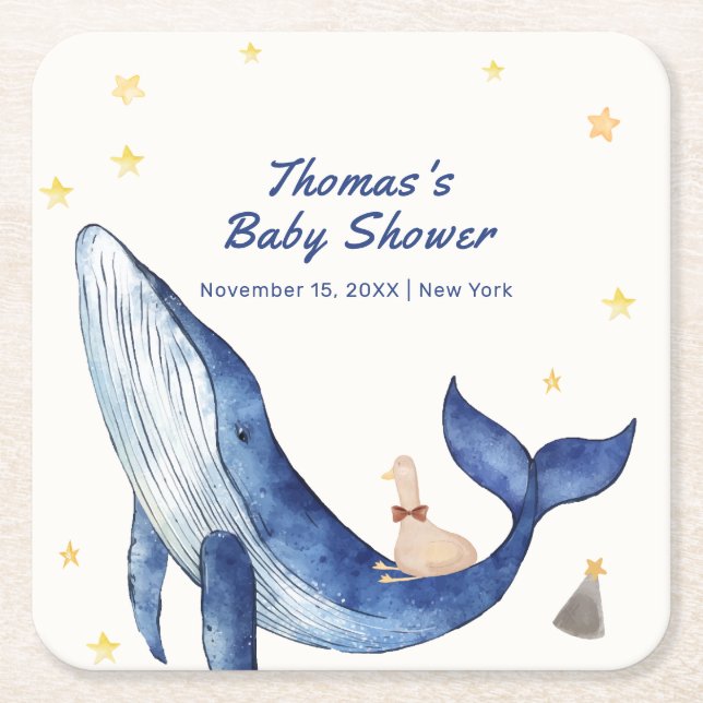 Blauer Ozean Whimsical Duck Stars Whale Baby Dusch Rechteckiger Pappuntersetzer (Vorderseite)