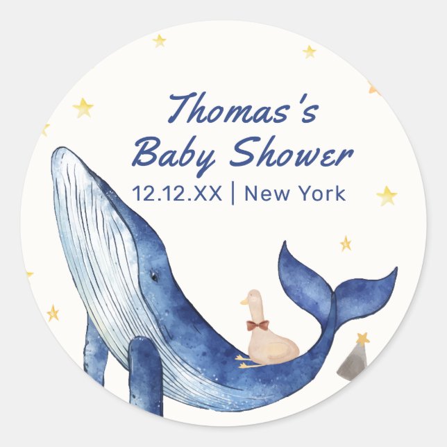 Blauer Ozean Whimsical Duck Stars Whale Baby Dusch Runder Aufkleber (Vorderseite)