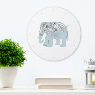 Blauer Paisley-Elefant Boho Chic Große Wanduhr