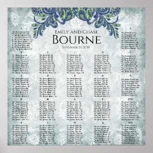 Blauer Paisley-Pfau-Farbempfangs-Sitzplan Poster