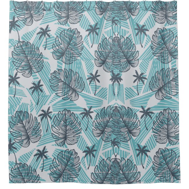Blauer Palmblätterblätter Nahtloser Duschvorhang (Vorderseite)