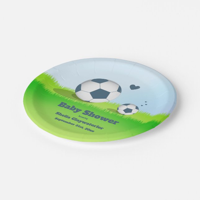 Blauer Pappteller der Fußball-Babyparty-| (Schrägansicht)