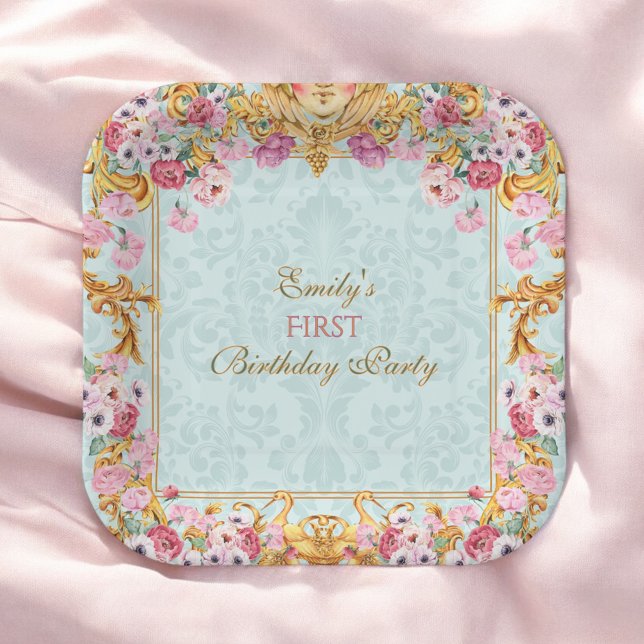 Blauer Pastell Gold Erster Barock Rokoko Geburtsta Pappteller (Von Creator hochgeladen)