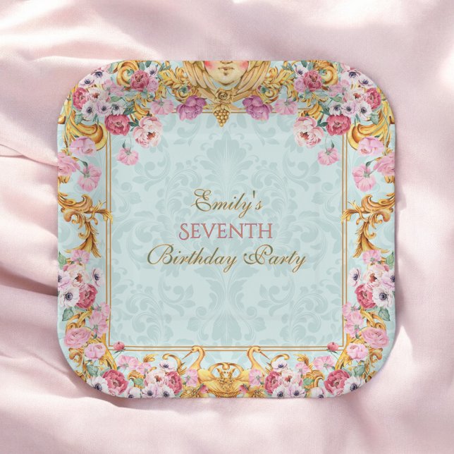 Blauer Pastell Gold Siebter Barock Rokoko Geburtst Pappteller (Von Creator hochgeladen)