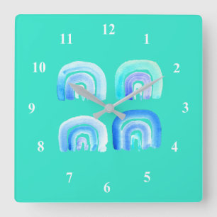 Blauer Pastell Retro Regenbogen Quadratische Wanduhr