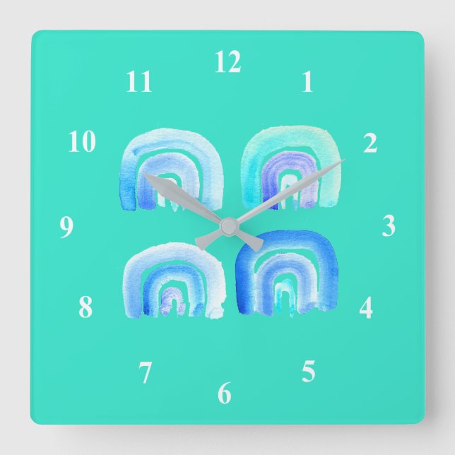 Blauer Pastell Retro Regenbogen Quadratische Wanduhr (Vorderseite)