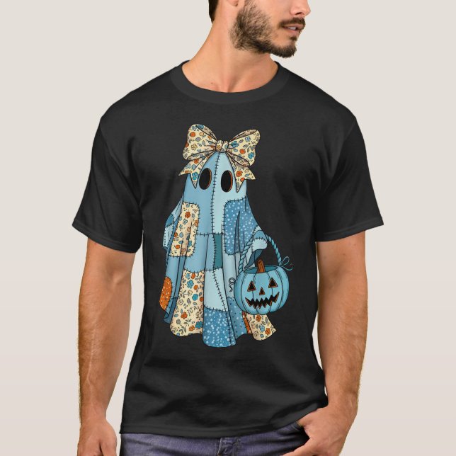 Blauer Patchwork Ghost Floral Bow Halloween-Kostüm T-Shirt (Vorderseite)