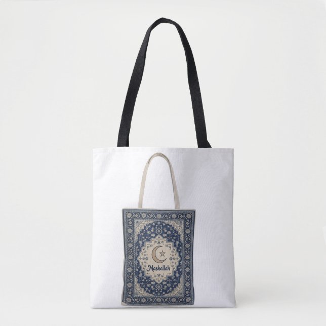 Blauer persischer Teppich mit Mashallah-Text.  Tasche (Vorderseite)