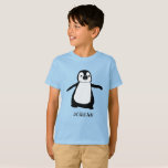 Blauer personalisierter niedlicher Pinguin-Abbildu T-Shirt<br><div class="desc">Spaß und süß,  personalisieren Sie diese niedliche Pinguin Mädchen T - Shirt mit ihrem Namen. Mit meiner Pinguin-Illustration in Schwarzweiß auf einem blauen T - Shirt.</div>