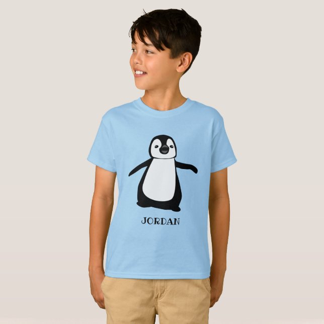 Blauer personalisierter niedlicher Pinguin-Abbildu T-Shirt (Vorne ganz)