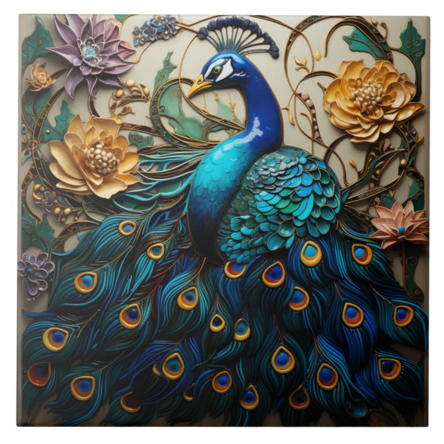 Blauer Pfau, Blumen, 3D-Effekt, Farbig Fliese (Vorderseite)