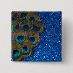 Blauer Pfau-Blumenstrauß-Glittery Stillleben Button