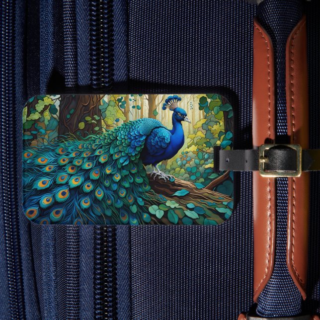 Blauer Pfau im Wald Gepäckanhänger (Vorderseite Insitu 4)