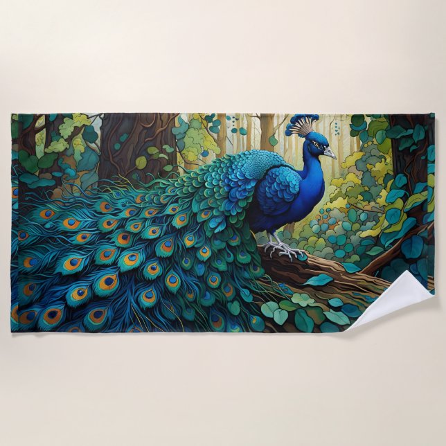 Blauer Pfau im Wald Strandtuch (Vorderseite)