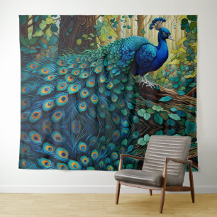 Blauer Pfau im Wald Wandteppich