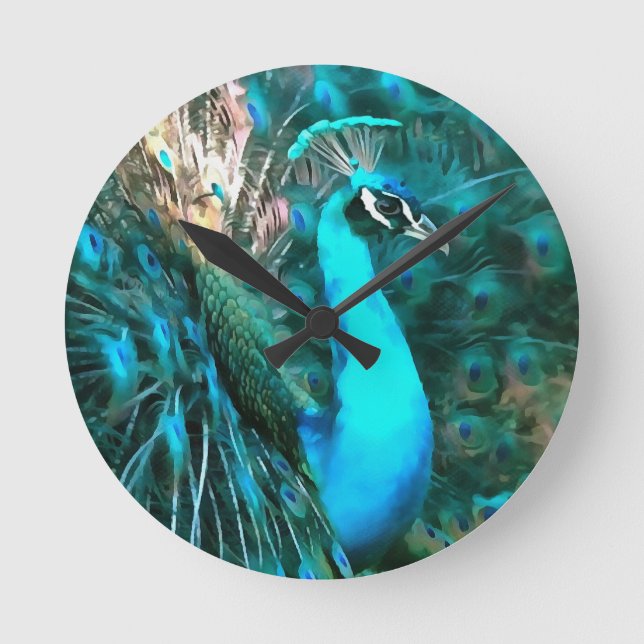 Blauer Pfau in lebendigem Blau mit gefangenen Schw Runde Wanduhr (Vorderseite)