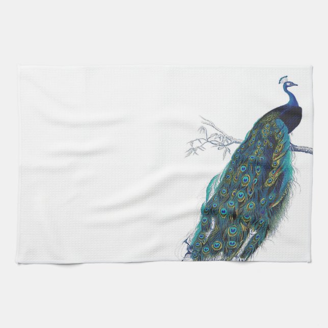 Blauer Pfau mit schönen Schwanzfedern Küchentuch (Horizontal)