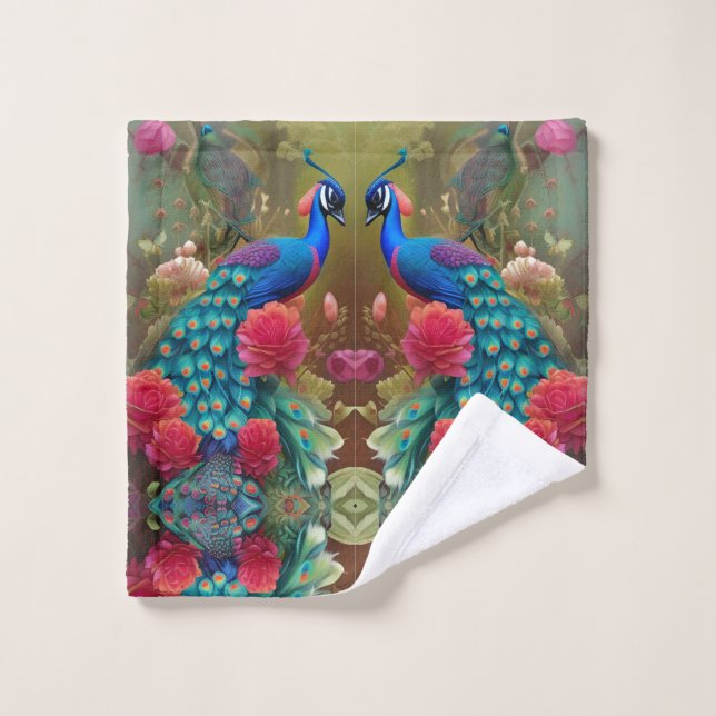 Blauer Pfau, Rosengarten Badhandtuch Set (Waschlappen)
