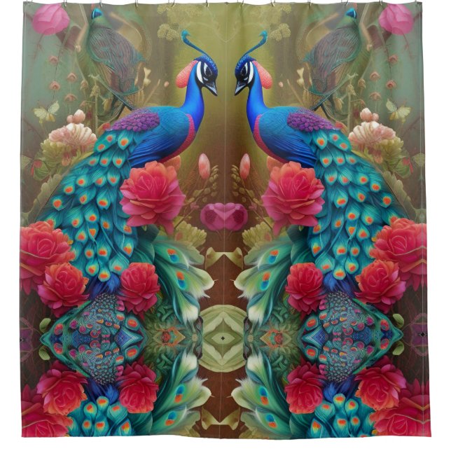 Blauer Pfau, Rosengarten Duschvorhang (Vorderseite)