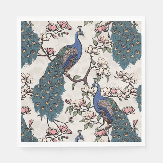 Blauer Pfau und Magnolia Elfenbein Serviette (Vorderseite)