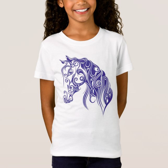 Blauer Pferdeentwurfs-Mädchen-T - Shirt (Vorderseite)