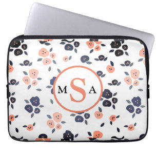 Blauer Pfirsichblumenmonogramm-Initialen für Navy Laptopschutzhülle