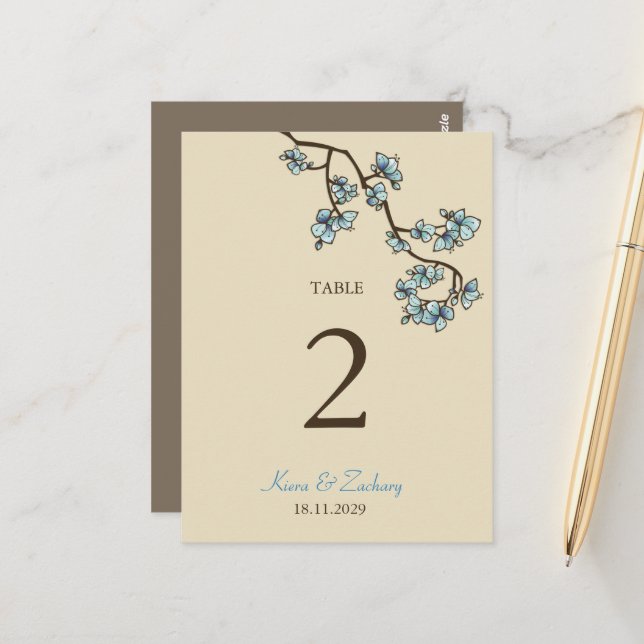 Blauer Pfirsichblüten Hochzeitskarte der Tischnumm Postkarte (Vorderseite/Rückseite Beispiel)