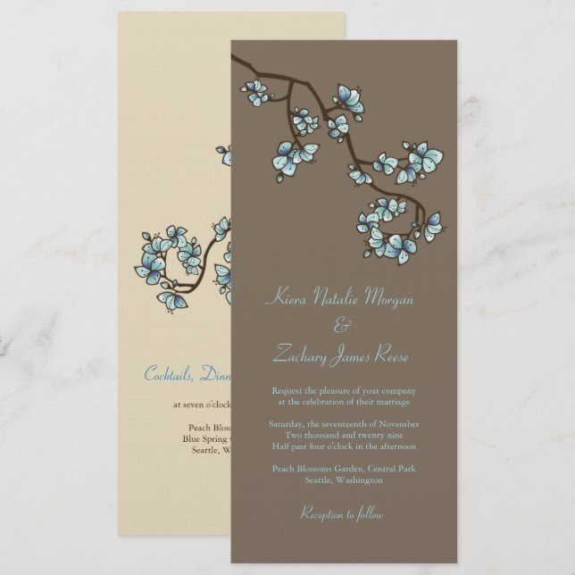 Blauer Pfirsichblüten Sakura - Asiatische Hochzeit Einladung (Vorne/Hinten)
