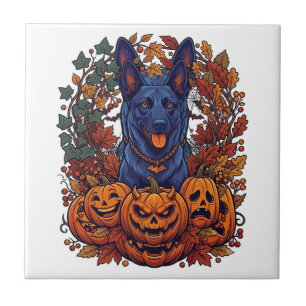 Blauer Pitbull Halloween-Kürbisse Herbstlaub Flede Fliese