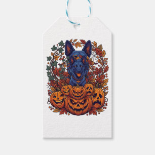 Blauer Pitbull Halloween Kürbisse Herbstlaub Flede Geschenkanhänger