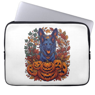 Blauer Pitbull Halloween Kürbisse Herbstlaub Flede Laptopschutzhülle