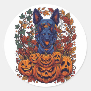 Blauer Pitbull Halloween Kürbisse Herbstlaub Flede Runder Aufkleber