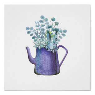 Blauer Pitcher mit Blume Aquarelle Poster drucken