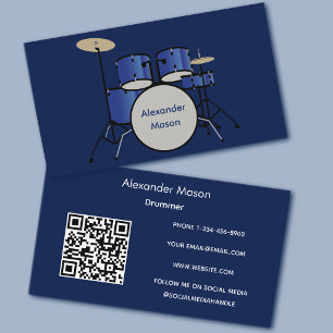 Blauer professioneller Musiker-Trommler-QR-Code Visitenkarte