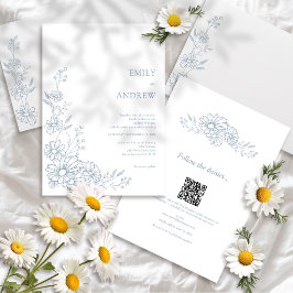 Blauer QR-Code Botanischer All-in-One-Hochzeit Einladung