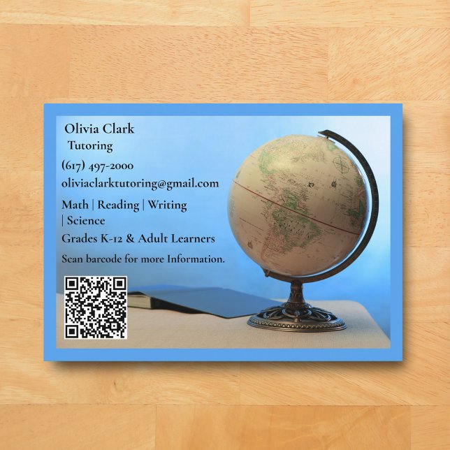 Blauer QR-Code-Tutor-Lehrer-Globus und Buch Klasse Visitenkarte (Blue Globe Business Card for Teacher )