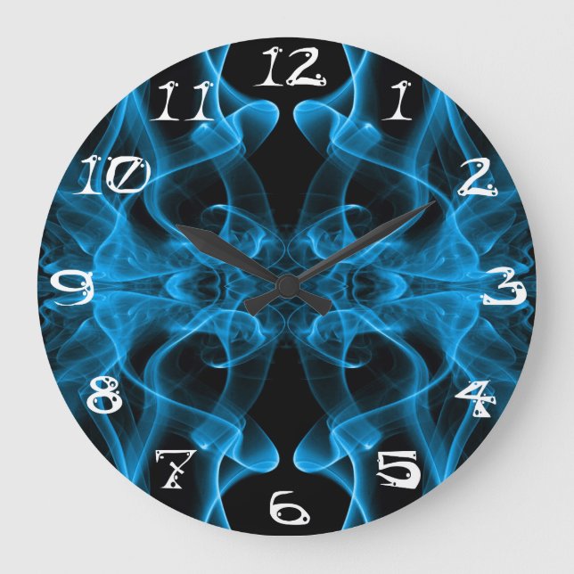 Blauer Rauch auf schwarz mit Zahlen Große Wanduhr (Vorderseite)
