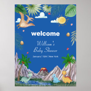 Blauer Rawr-Vulkan-Wald-Dino-Baby-Shower-Willkomme Poster
